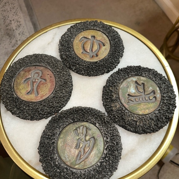 Set of 4 Ben Diller Raku Pottery Coasters. Hawaii Lava Texture with Petroglyph - Picture 2 of 3